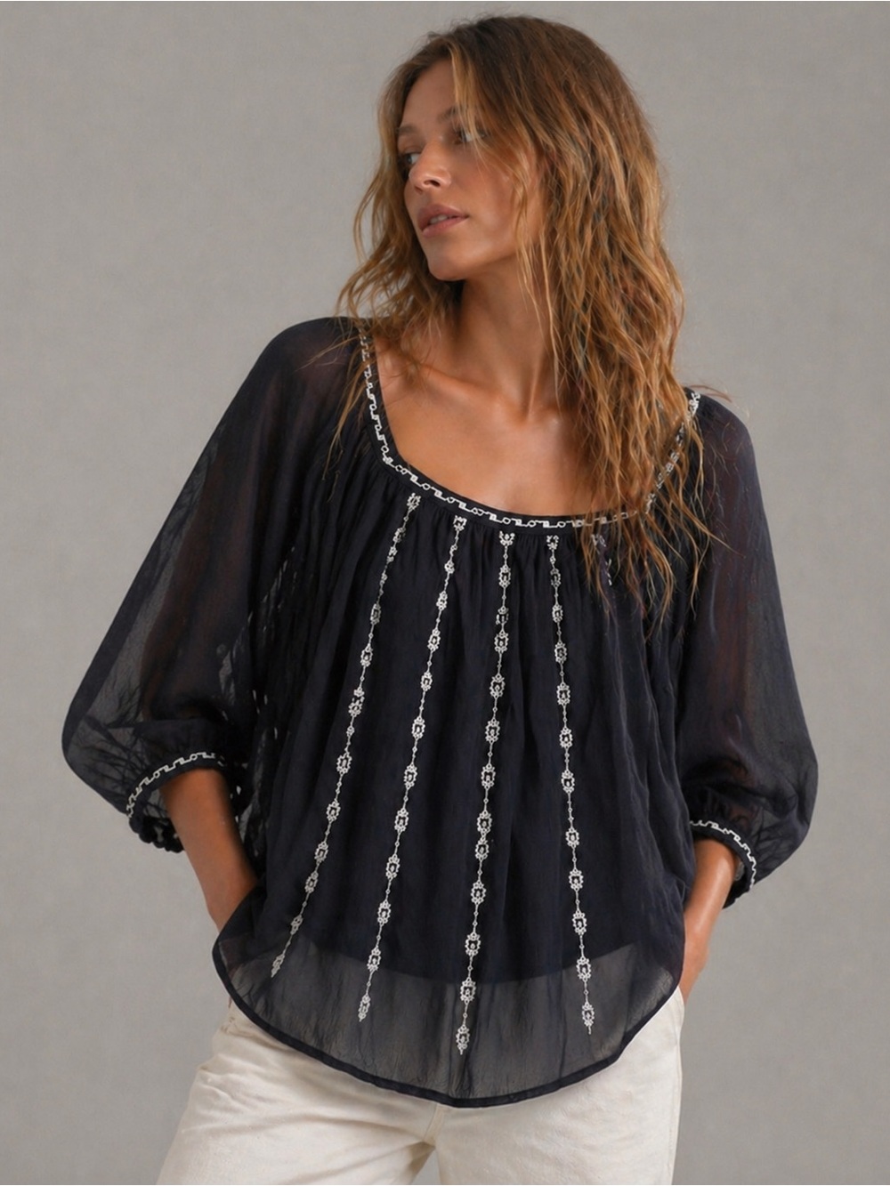 Lucky Brand Navy Sheer Boho Embroidered Top Lightweight and Flowy XS/S